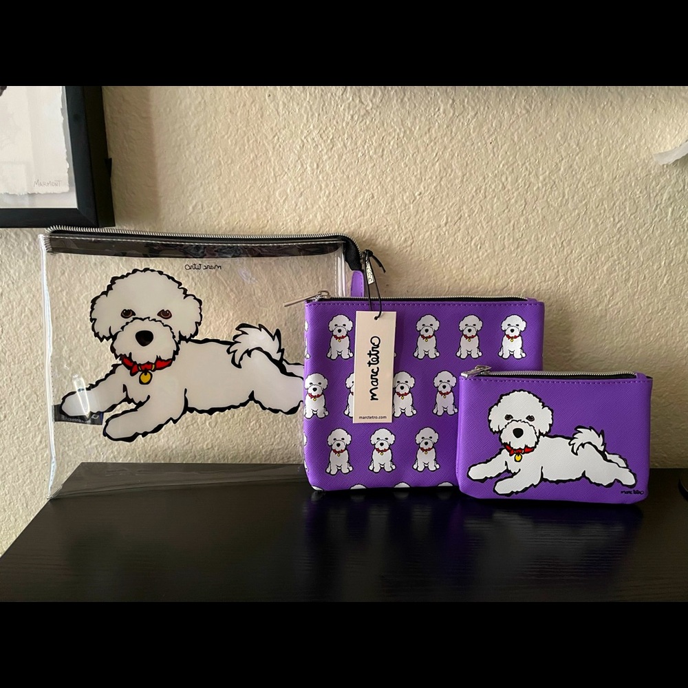 Marc Tetro New 3 piece Gift Set Cosmetics PVC Zippered pouches with Bichon